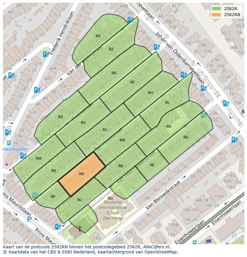 Afbeelding van het postcodegebied 2582 RN op de kaart.