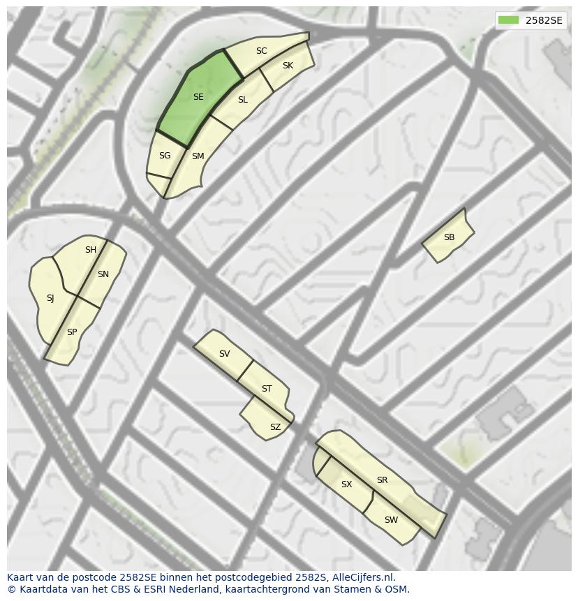 Afbeelding van het postcodegebied 2582 SE op de kaart.