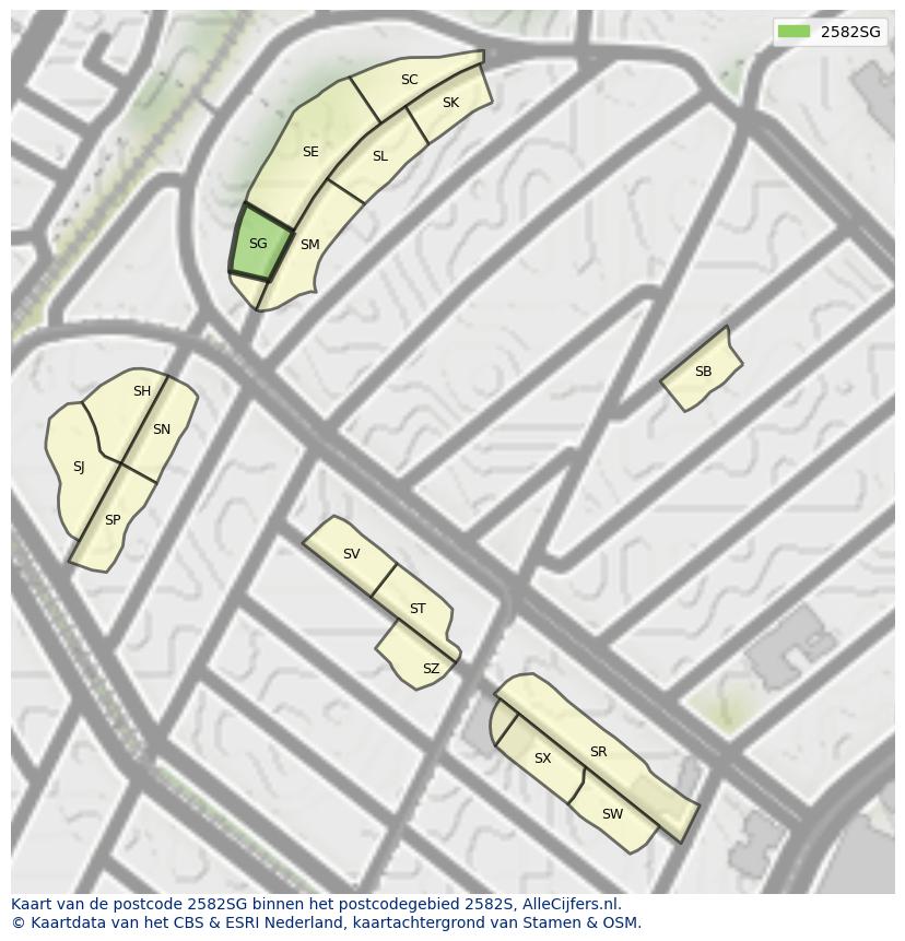 Afbeelding van het postcodegebied 2582 SG op de kaart.