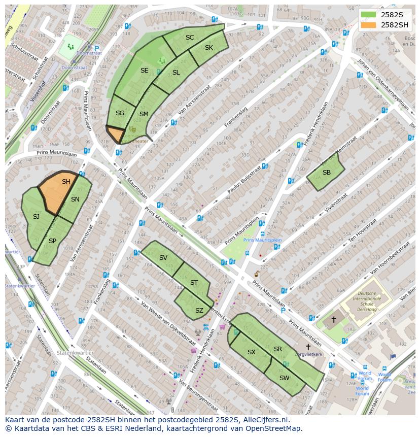 Afbeelding van het postcodegebied 2582 SH op de kaart.