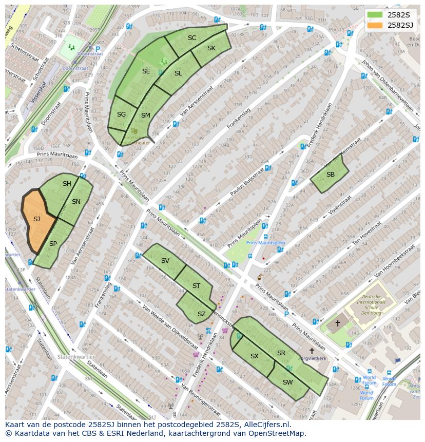 Afbeelding van het postcodegebied 2582 SJ op de kaart.