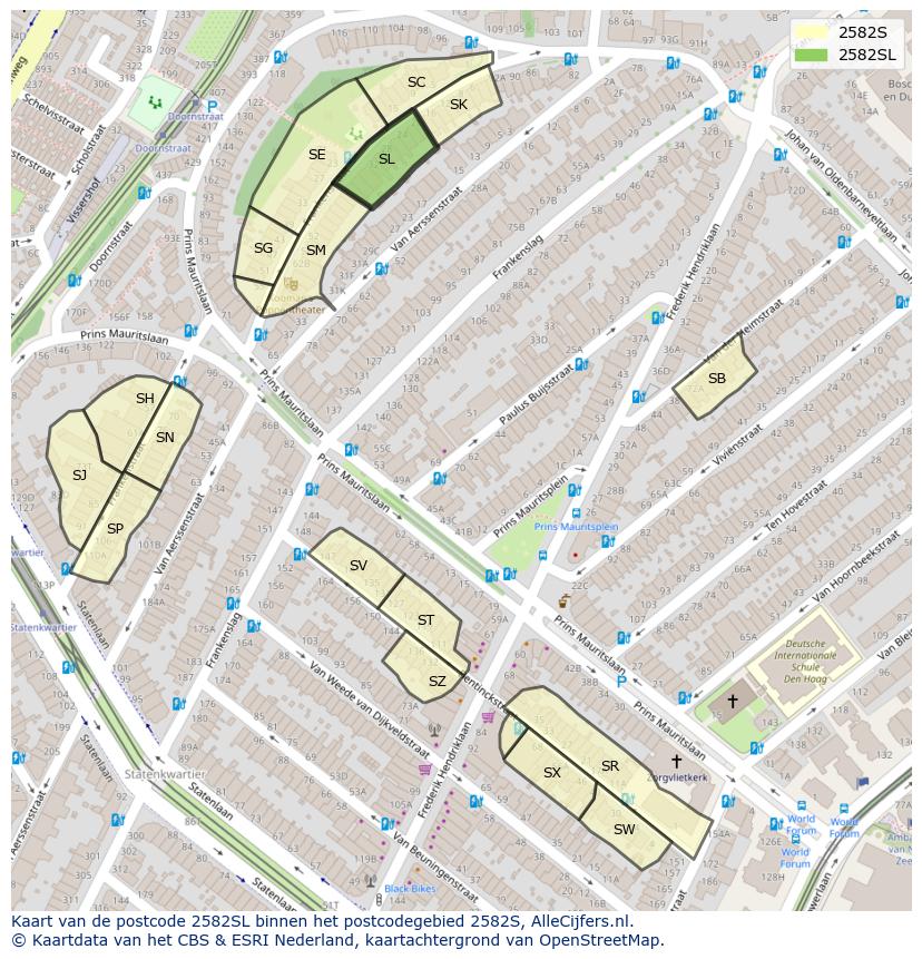 Afbeelding van het postcodegebied 2582 SL op de kaart.