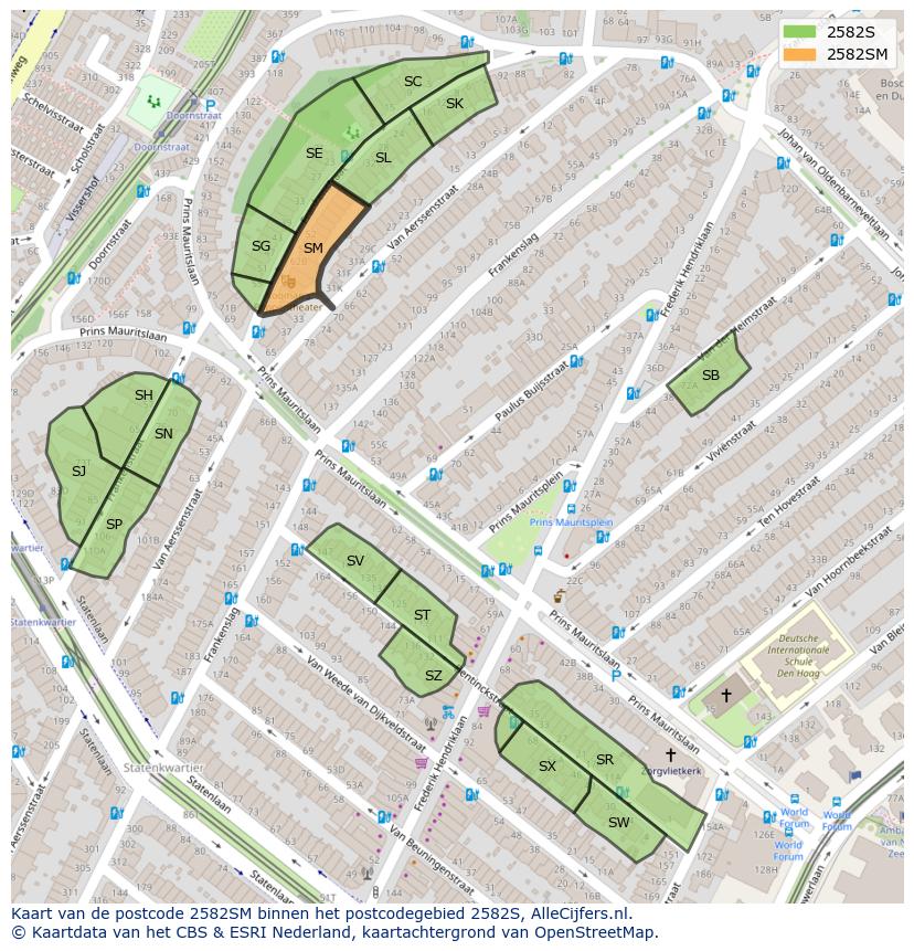 Afbeelding van het postcodegebied 2582 SM op de kaart.