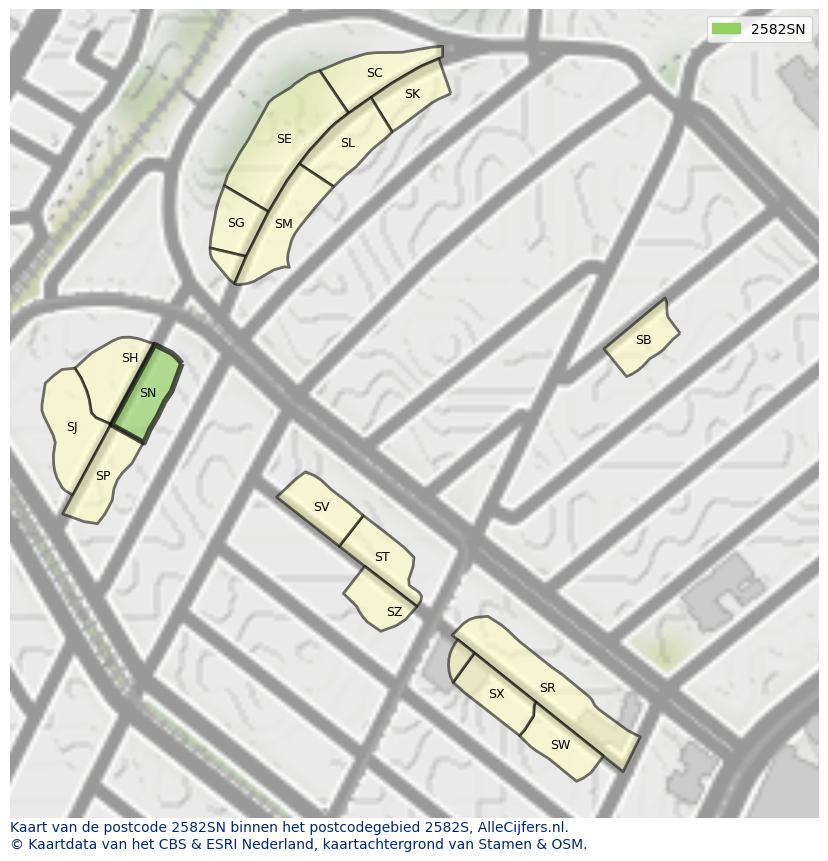 Afbeelding van het postcodegebied 2582 SN op de kaart.