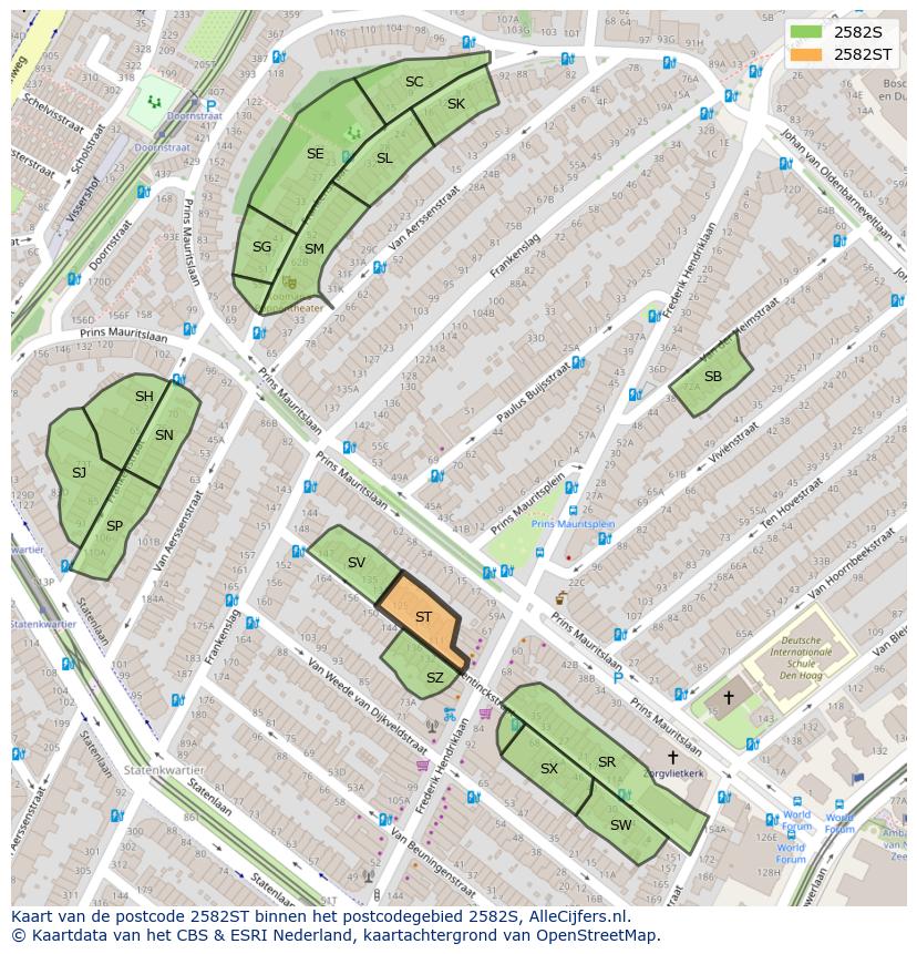 Afbeelding van het postcodegebied 2582 ST op de kaart.