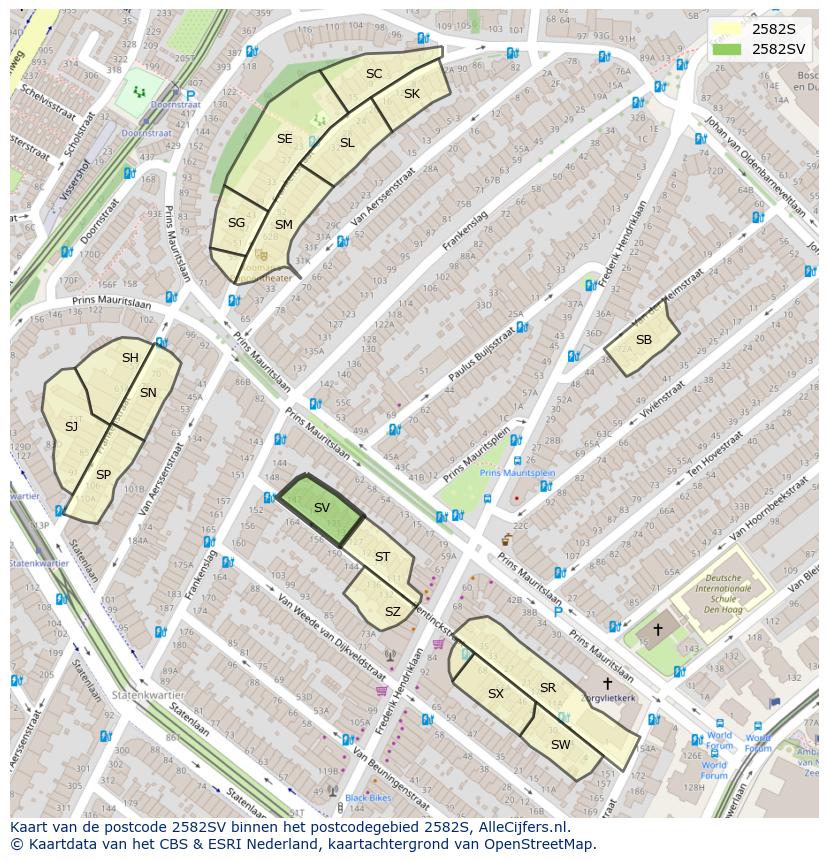 Afbeelding van het postcodegebied 2582 SV op de kaart.