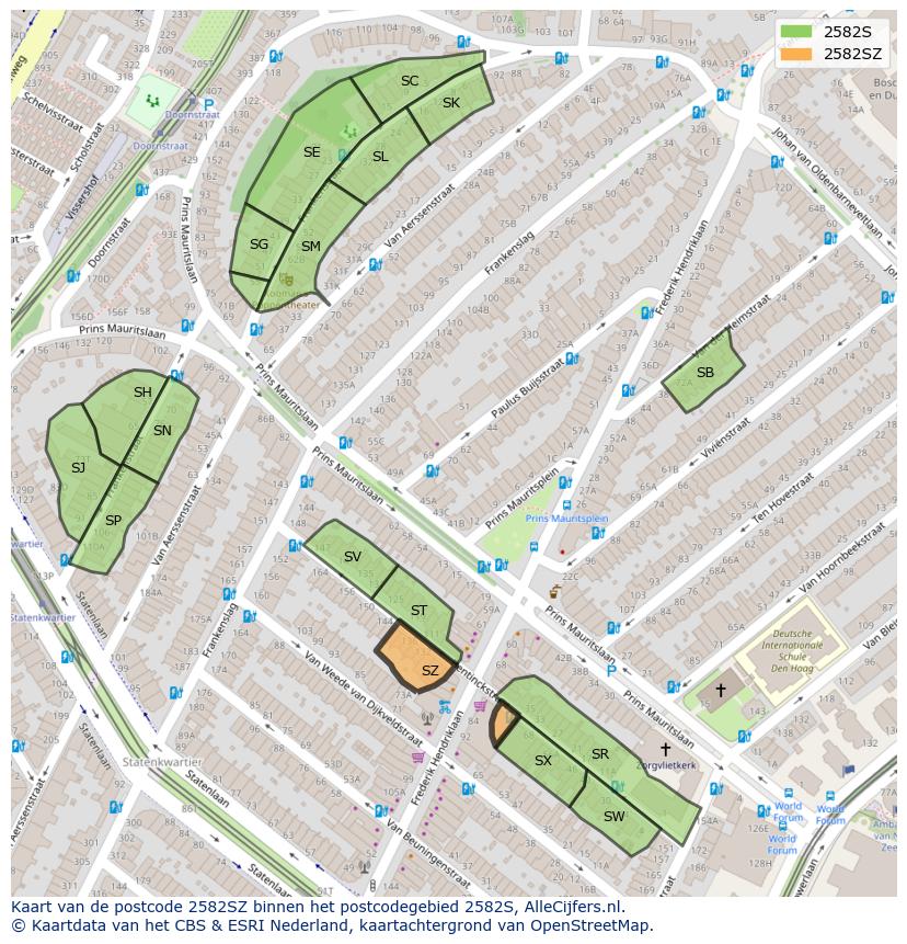 Afbeelding van het postcodegebied 2582 SZ op de kaart.