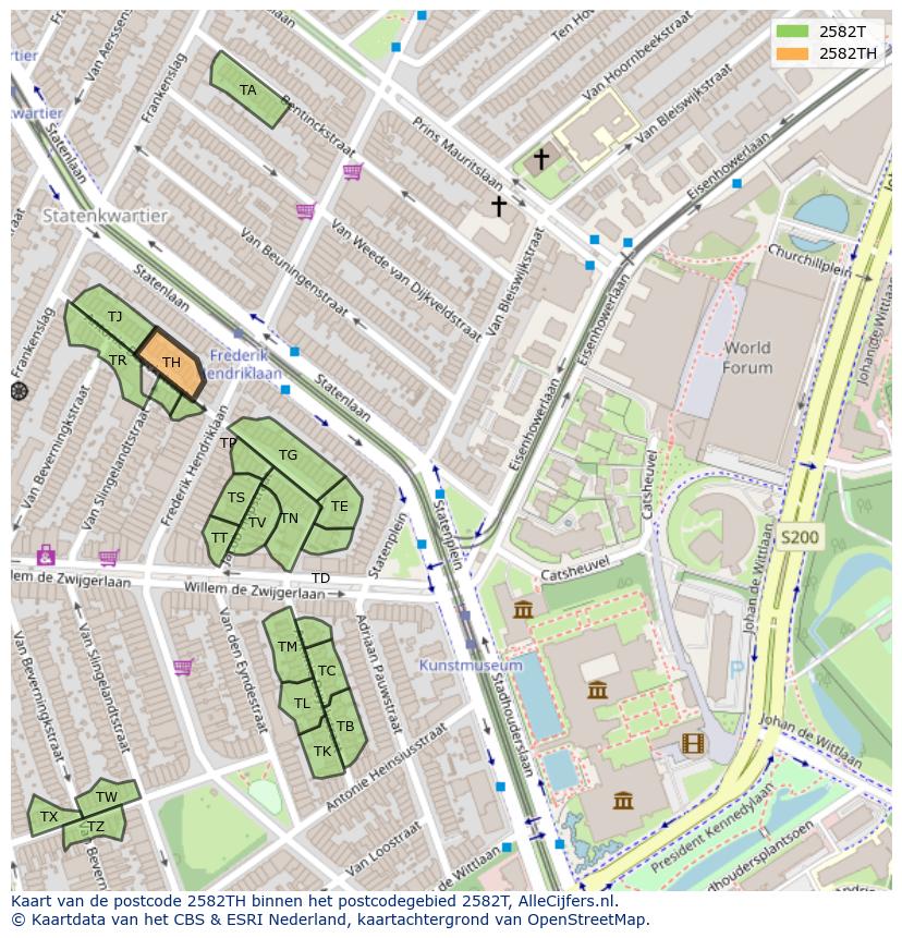 Afbeelding van het postcodegebied 2582 TH op de kaart.