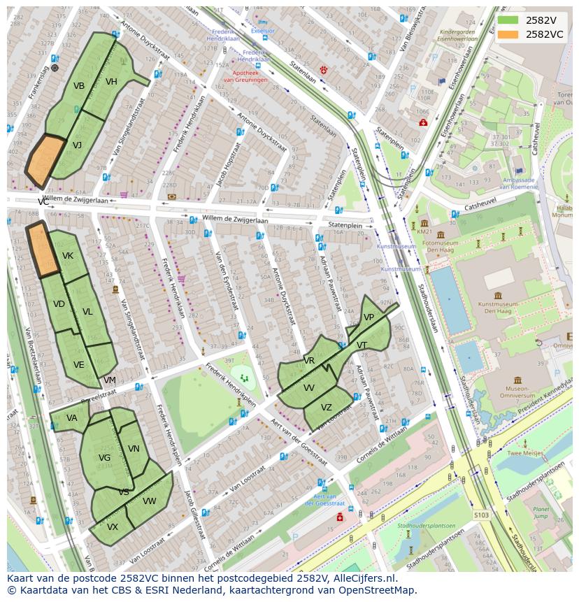 Afbeelding van het postcodegebied 2582 VC op de kaart.