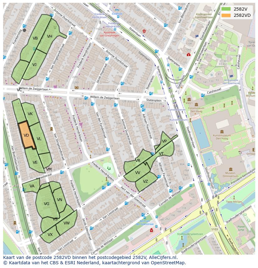 Afbeelding van het postcodegebied 2582 VD op de kaart.