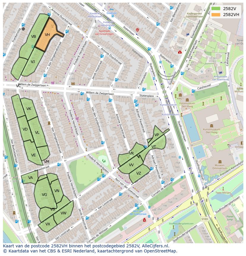 Afbeelding van het postcodegebied 2582 VH op de kaart.