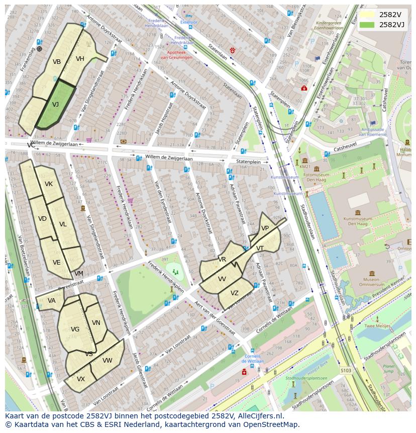 Afbeelding van het postcodegebied 2582 VJ op de kaart.