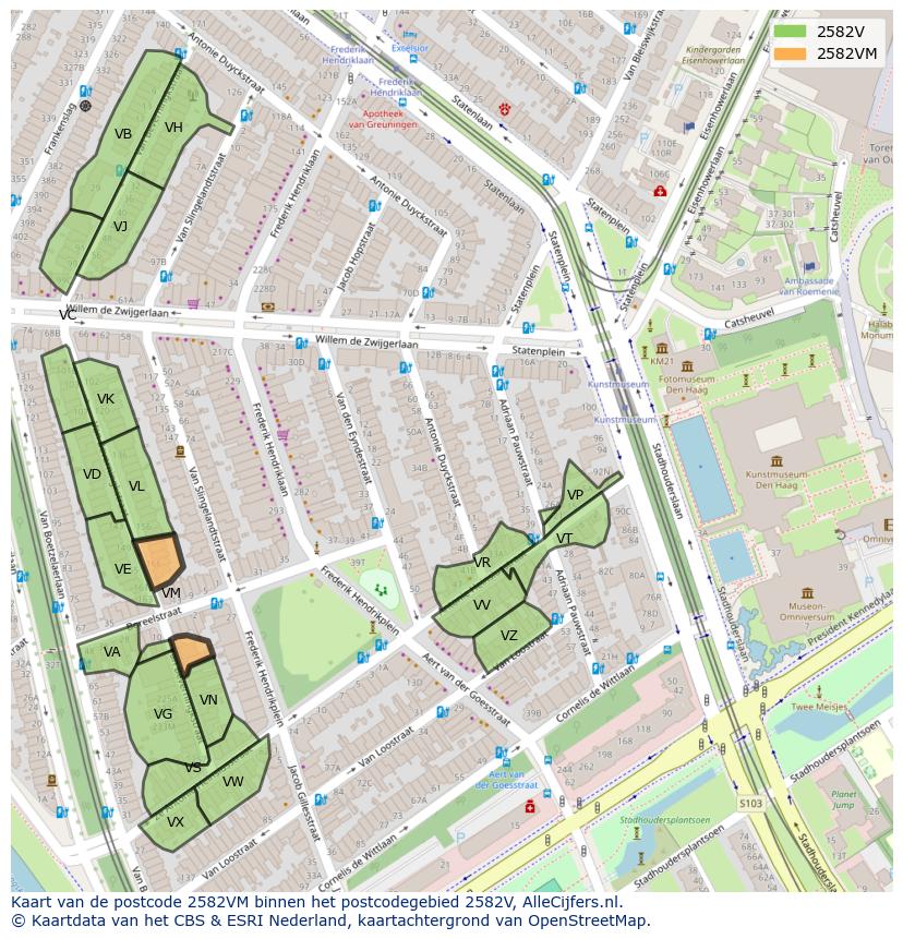 Afbeelding van het postcodegebied 2582 VM op de kaart.