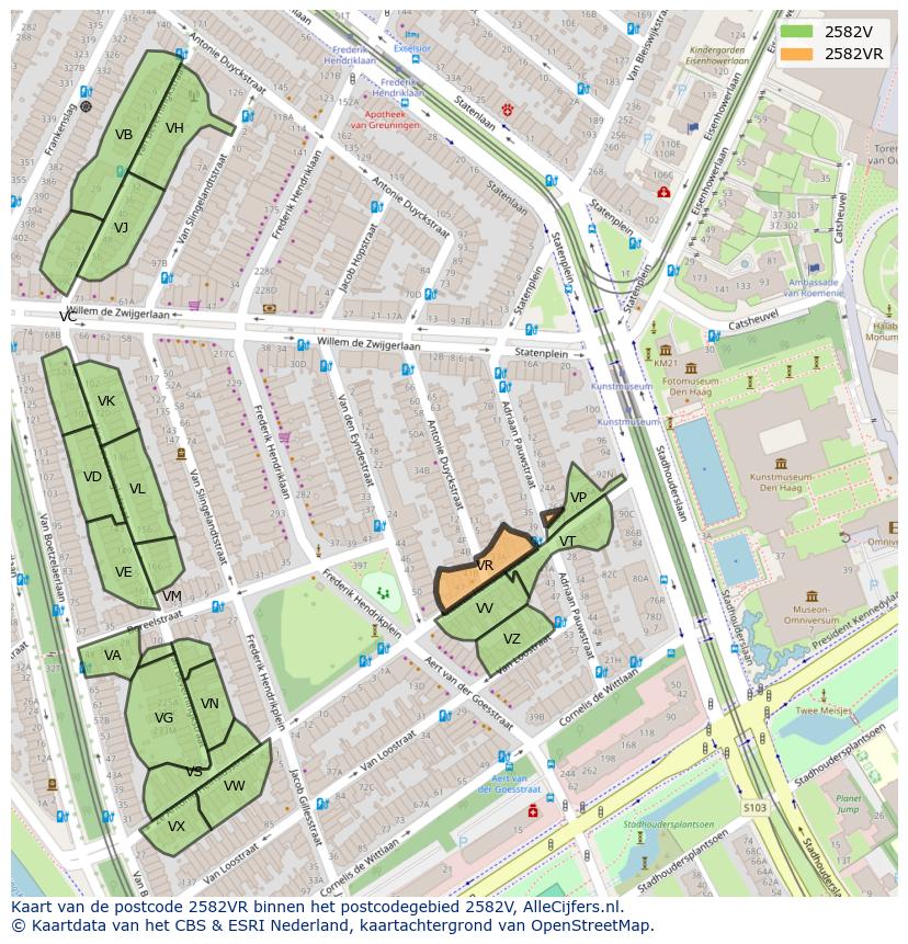 Afbeelding van het postcodegebied 2582 VR op de kaart.