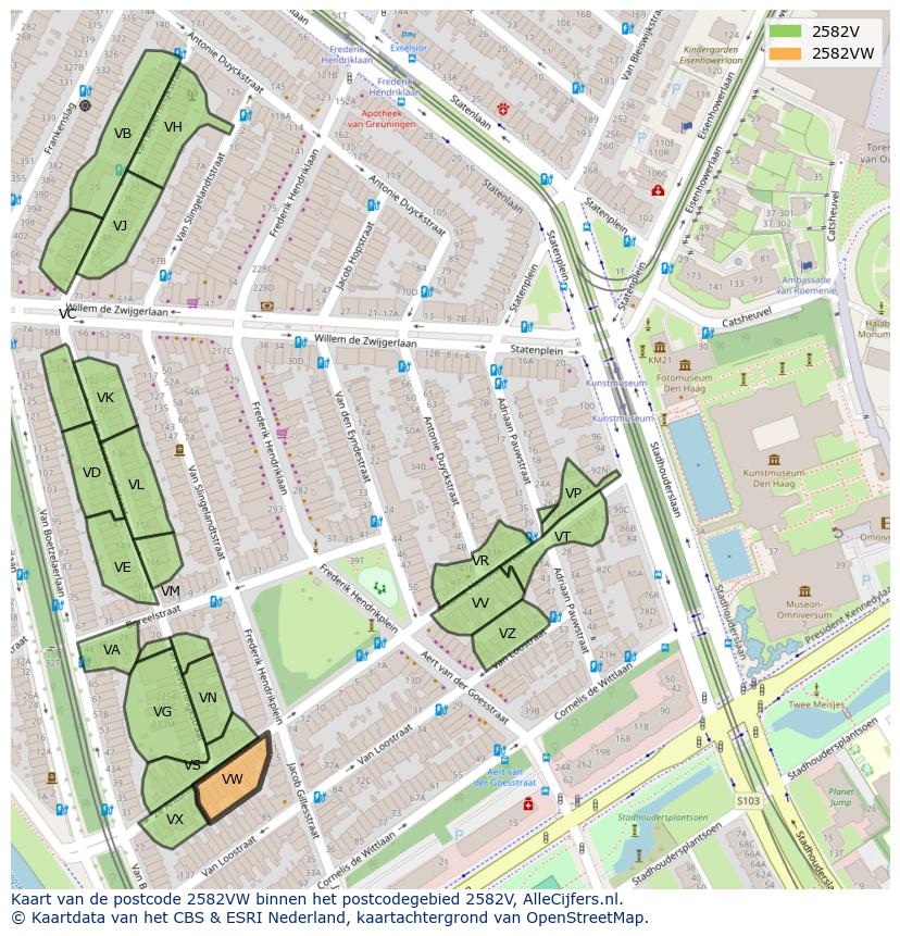 Afbeelding van het postcodegebied 2582 VW op de kaart.