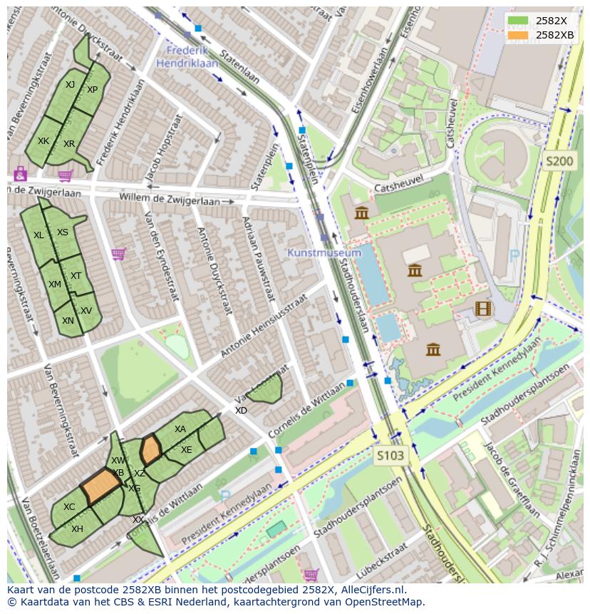 Afbeelding van het postcodegebied 2582 XB op de kaart.