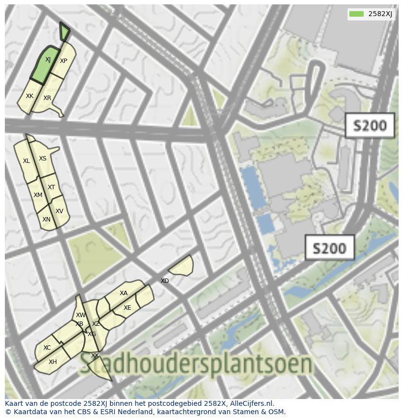 Afbeelding van het postcodegebied 2582 XJ op de kaart.