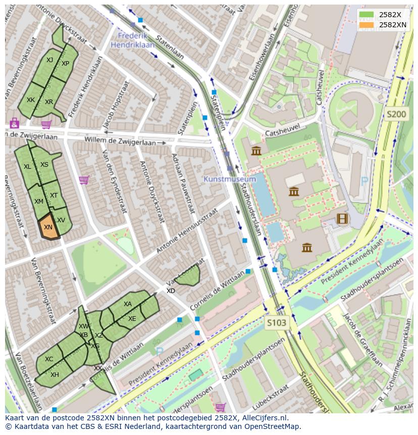 Afbeelding van het postcodegebied 2582 XN op de kaart.