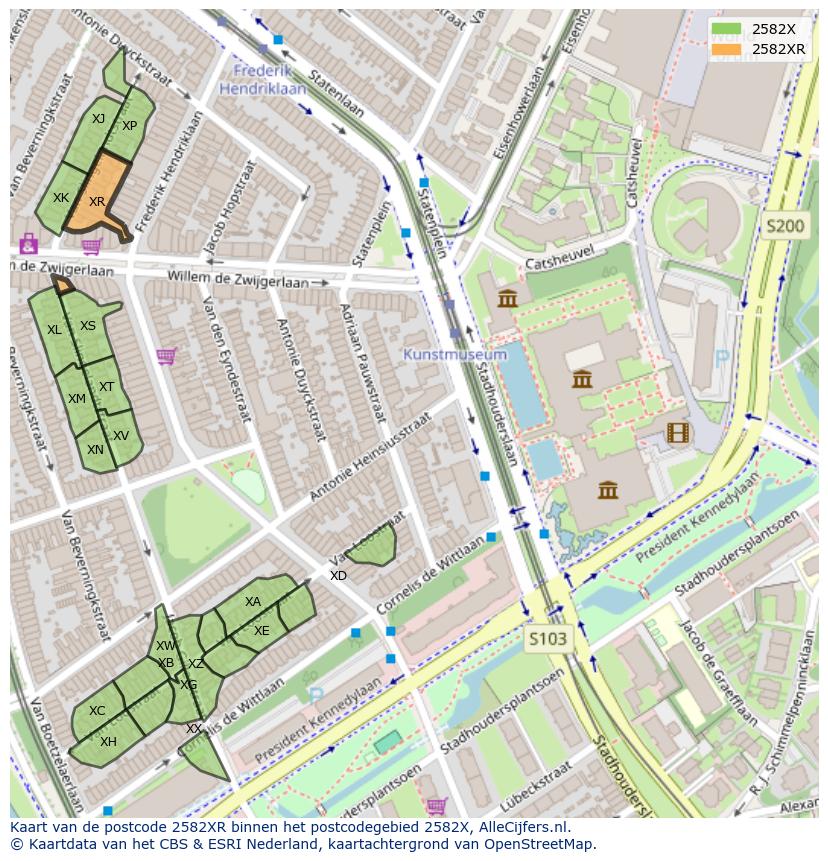 Afbeelding van het postcodegebied 2582 XR op de kaart.