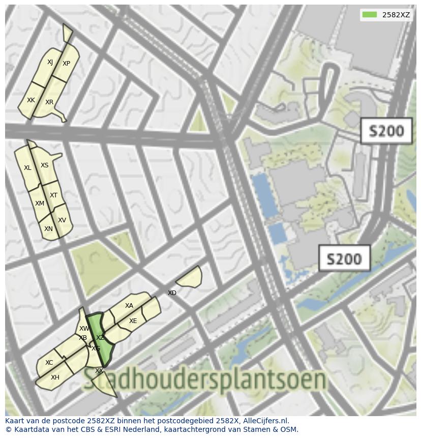 Afbeelding van het postcodegebied 2582 XZ op de kaart.