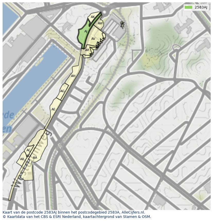 Afbeelding van het postcodegebied 2583 AJ op de kaart.