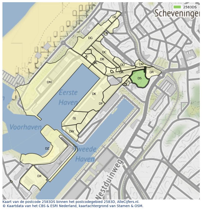 Afbeelding van het postcodegebied 2583 DS op de kaart.