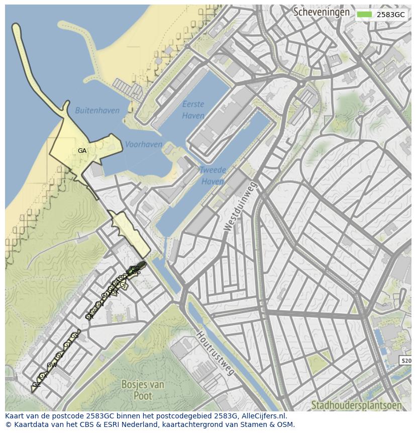 Afbeelding van het postcodegebied 2583 GC op de kaart.