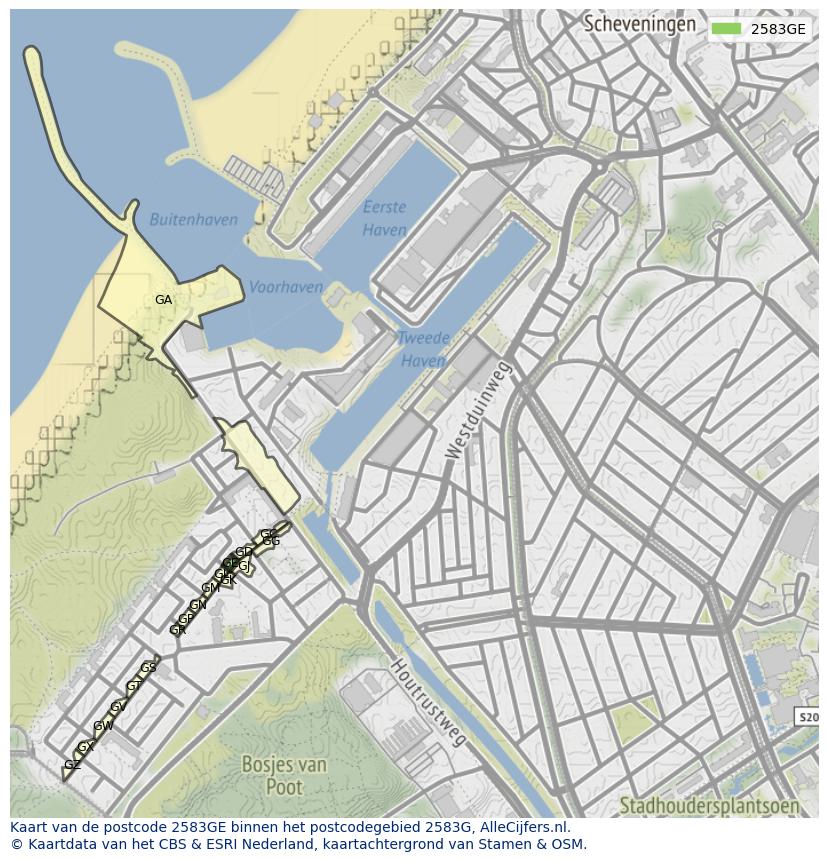 Afbeelding van het postcodegebied 2583 GE op de kaart.