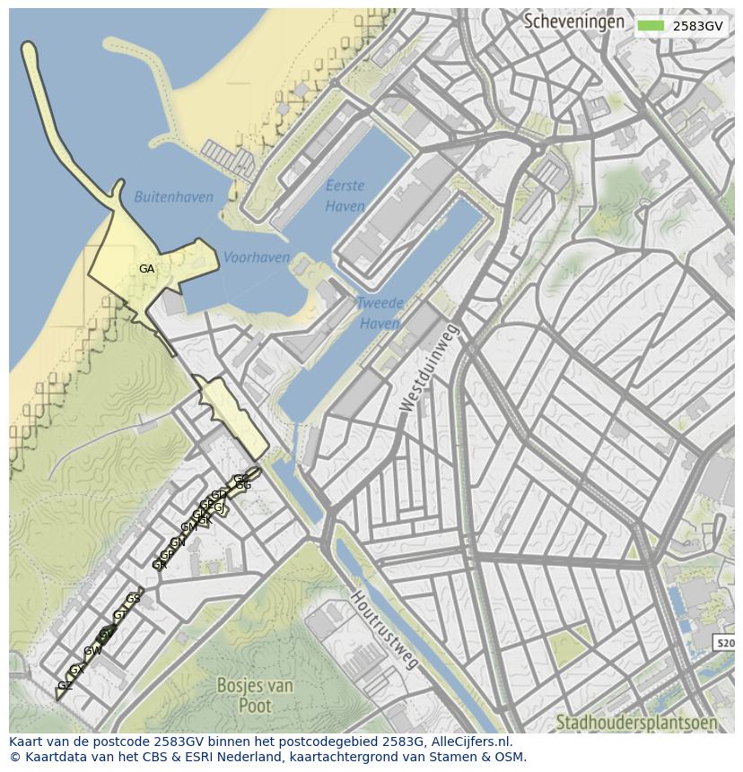 Afbeelding van het postcodegebied 2583 GV op de kaart.