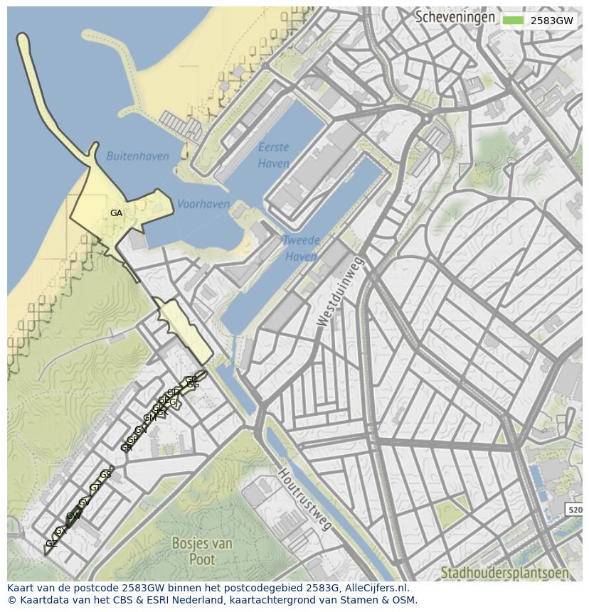 Afbeelding van het postcodegebied 2583 GW op de kaart.