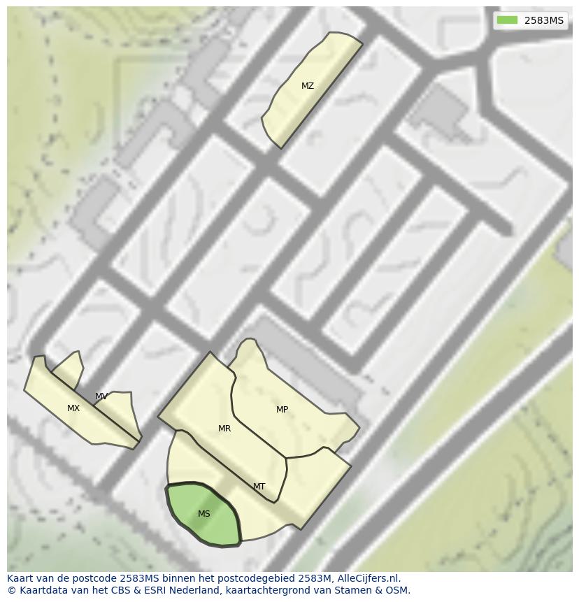 Afbeelding van het postcodegebied 2583 MS op de kaart.