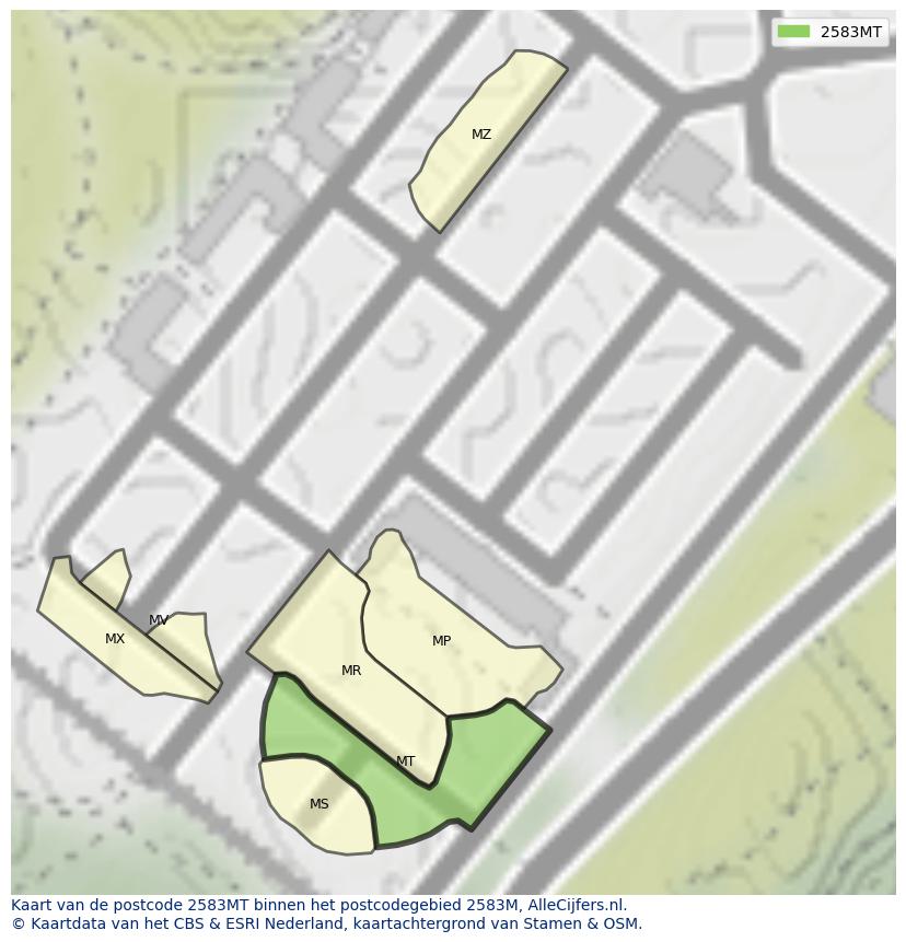 Afbeelding van het postcodegebied 2583 MT op de kaart.