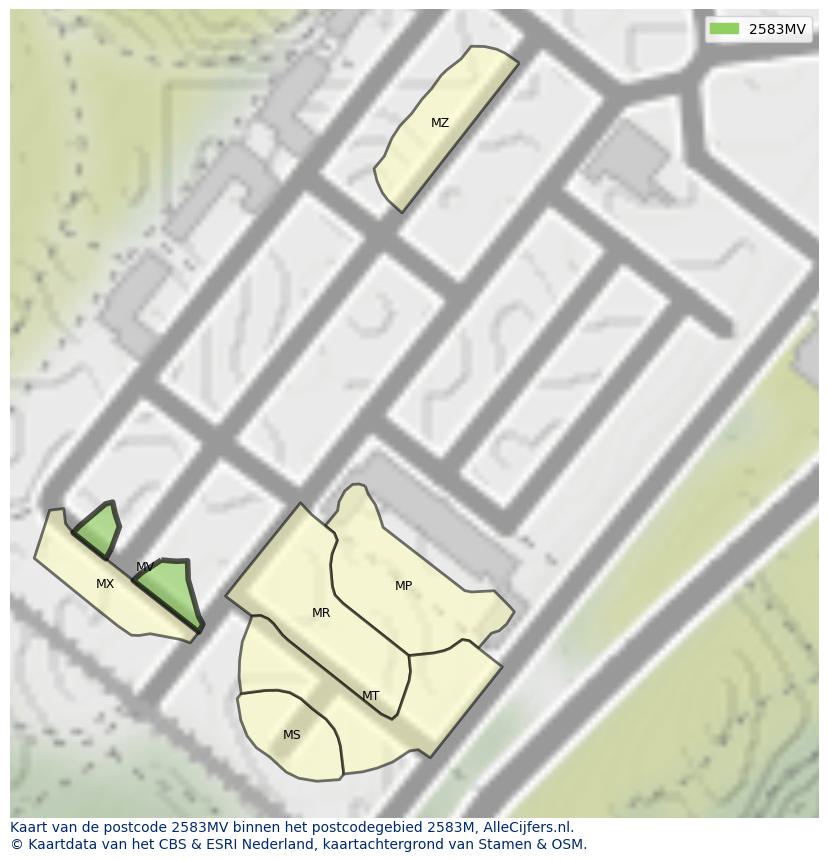 Afbeelding van het postcodegebied 2583 MV op de kaart.