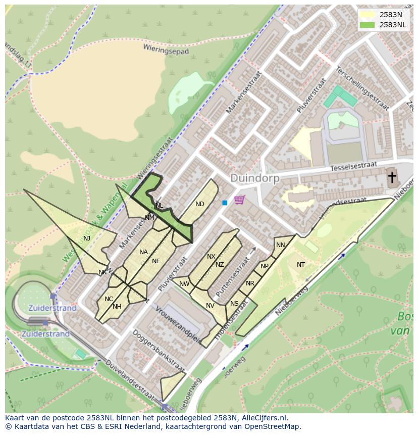 Afbeelding van het postcodegebied 2583 NL op de kaart.