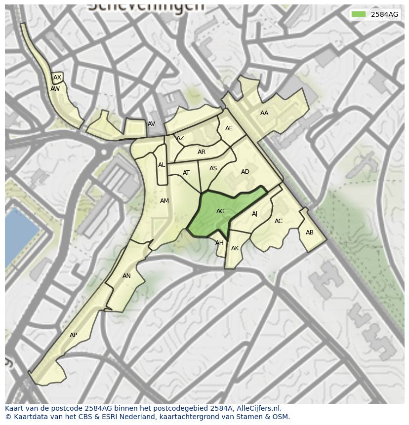 Afbeelding van het postcodegebied 2584 AG op de kaart.