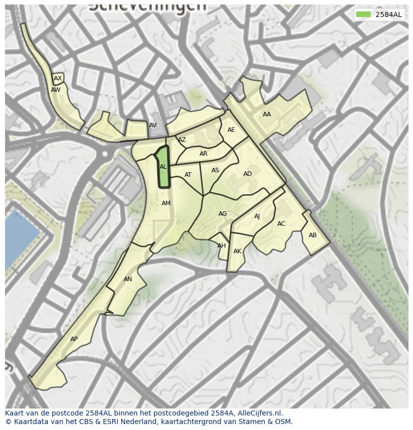 Afbeelding van het postcodegebied 2584 AL op de kaart.
