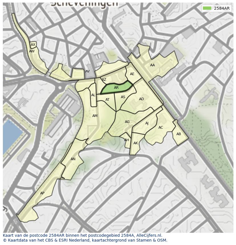 Afbeelding van het postcodegebied 2584 AR op de kaart.
