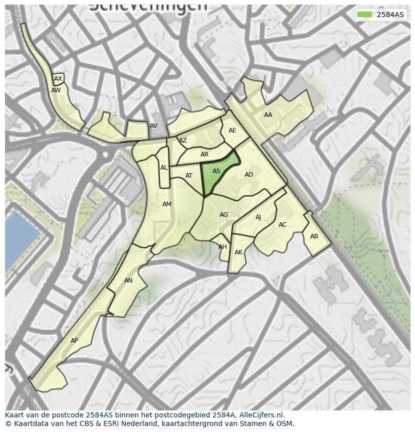 Afbeelding van het postcodegebied 2584 AS op de kaart.