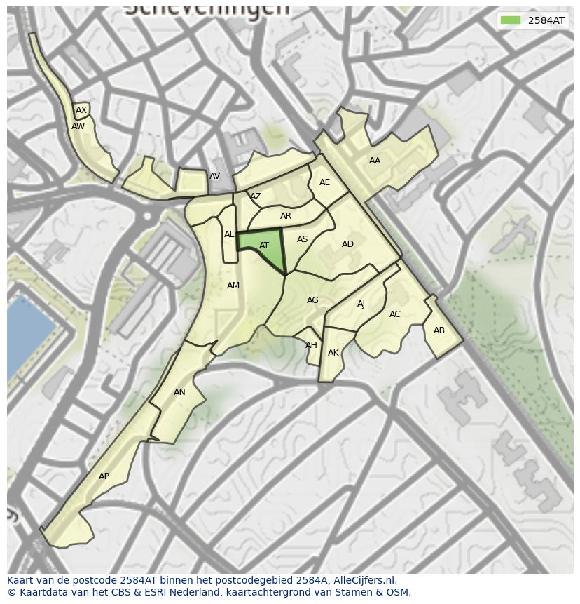 Afbeelding van het postcodegebied 2584 AT op de kaart.