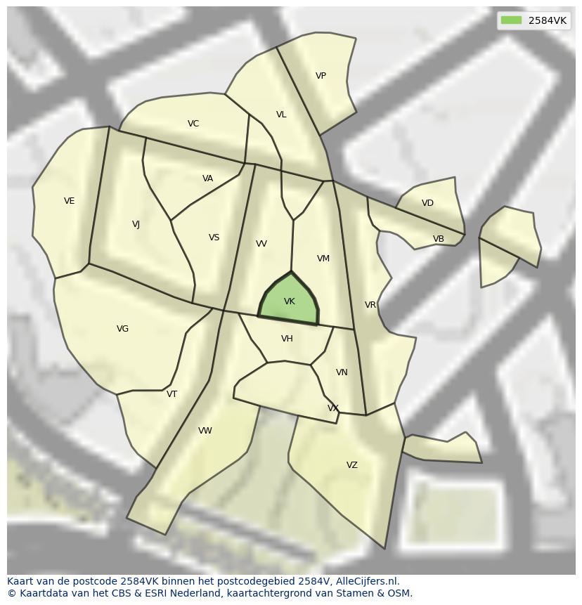 Afbeelding van het postcodegebied 2584 VK op de kaart.
