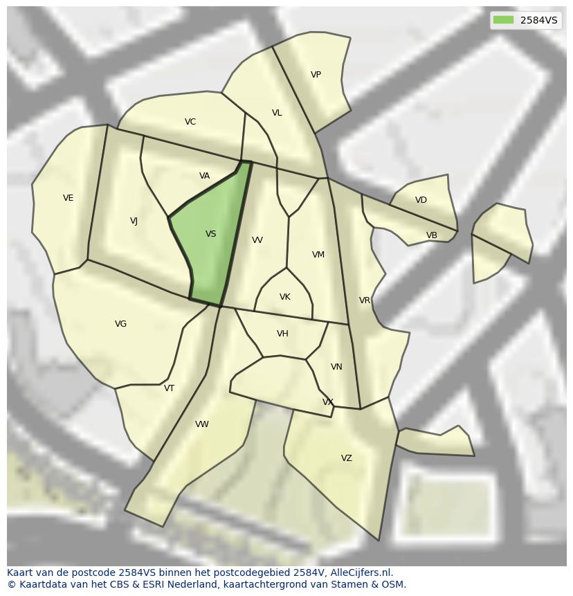 Afbeelding van het postcodegebied 2584 VS op de kaart.