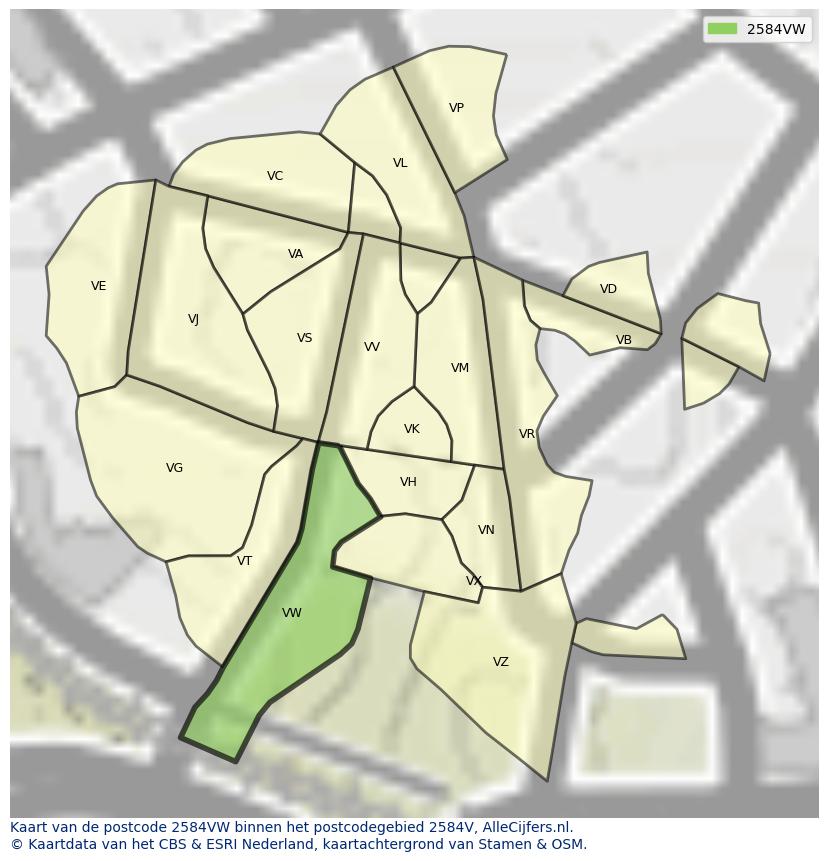 Afbeelding van het postcodegebied 2584 VW op de kaart.