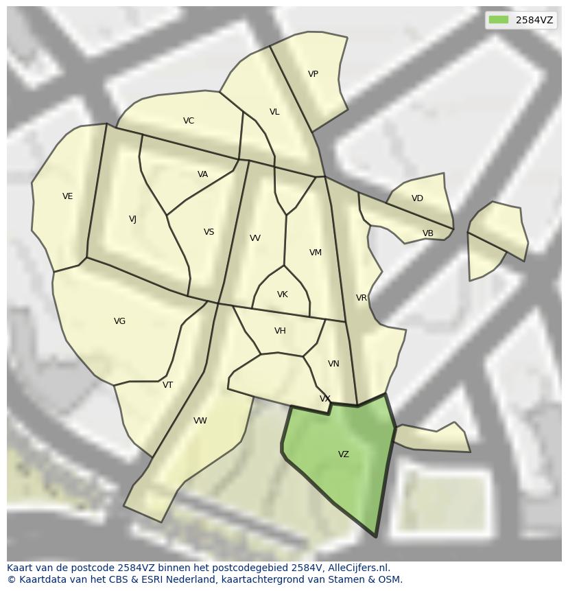 Afbeelding van het postcodegebied 2584 VZ op de kaart.