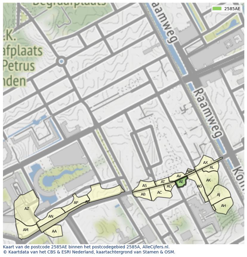 Afbeelding van het postcodegebied 2585 AE op de kaart.