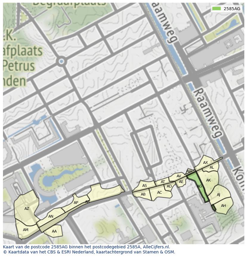 Afbeelding van het postcodegebied 2585 AG op de kaart.