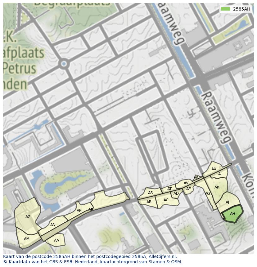 Afbeelding van het postcodegebied 2585 AH op de kaart.