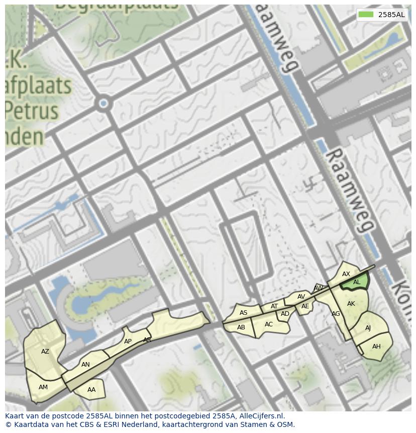 Afbeelding van het postcodegebied 2585 AL op de kaart.