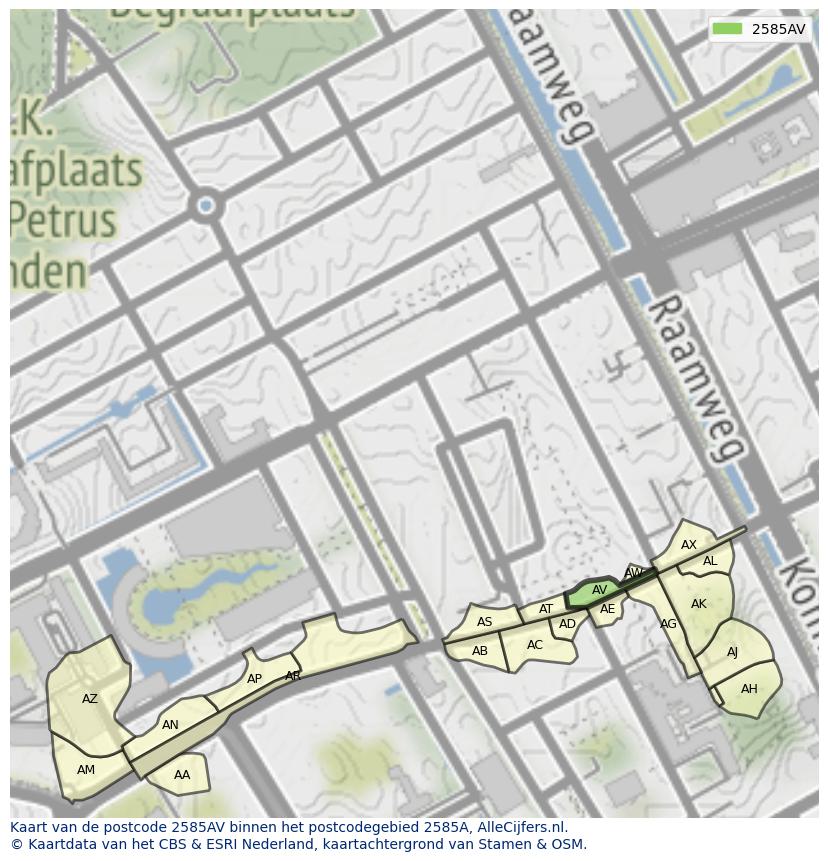 Afbeelding van het postcodegebied 2585 AV op de kaart.