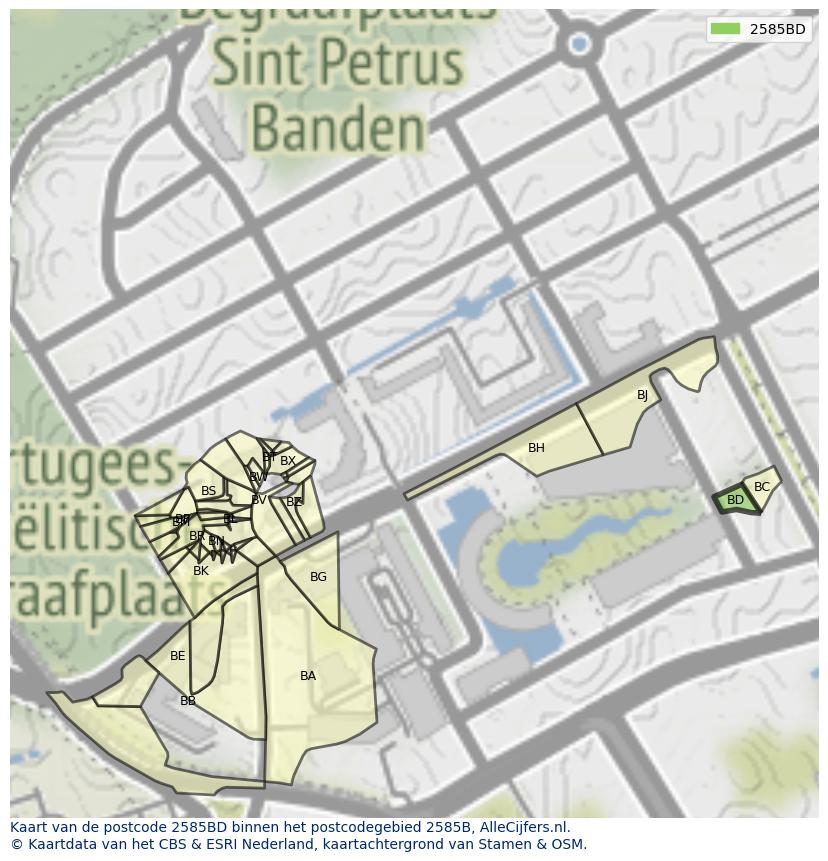 Afbeelding van het postcodegebied 2585 BD op de kaart.