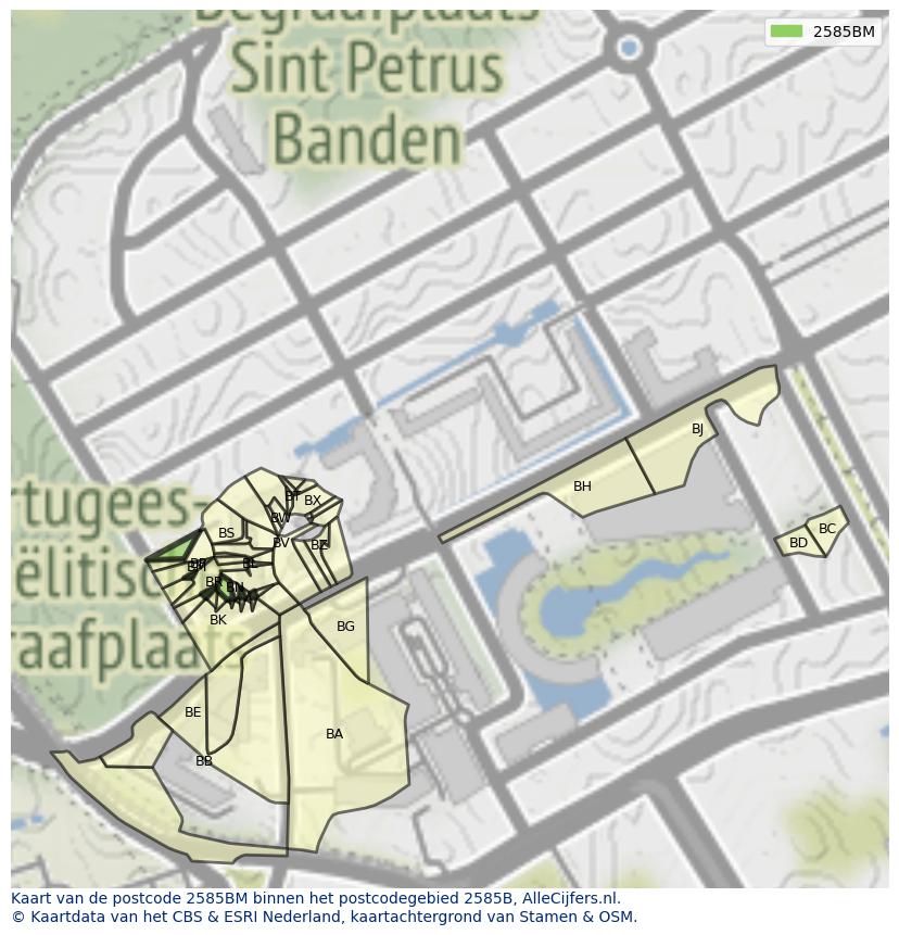 Afbeelding van het postcodegebied 2585 BM op de kaart.
